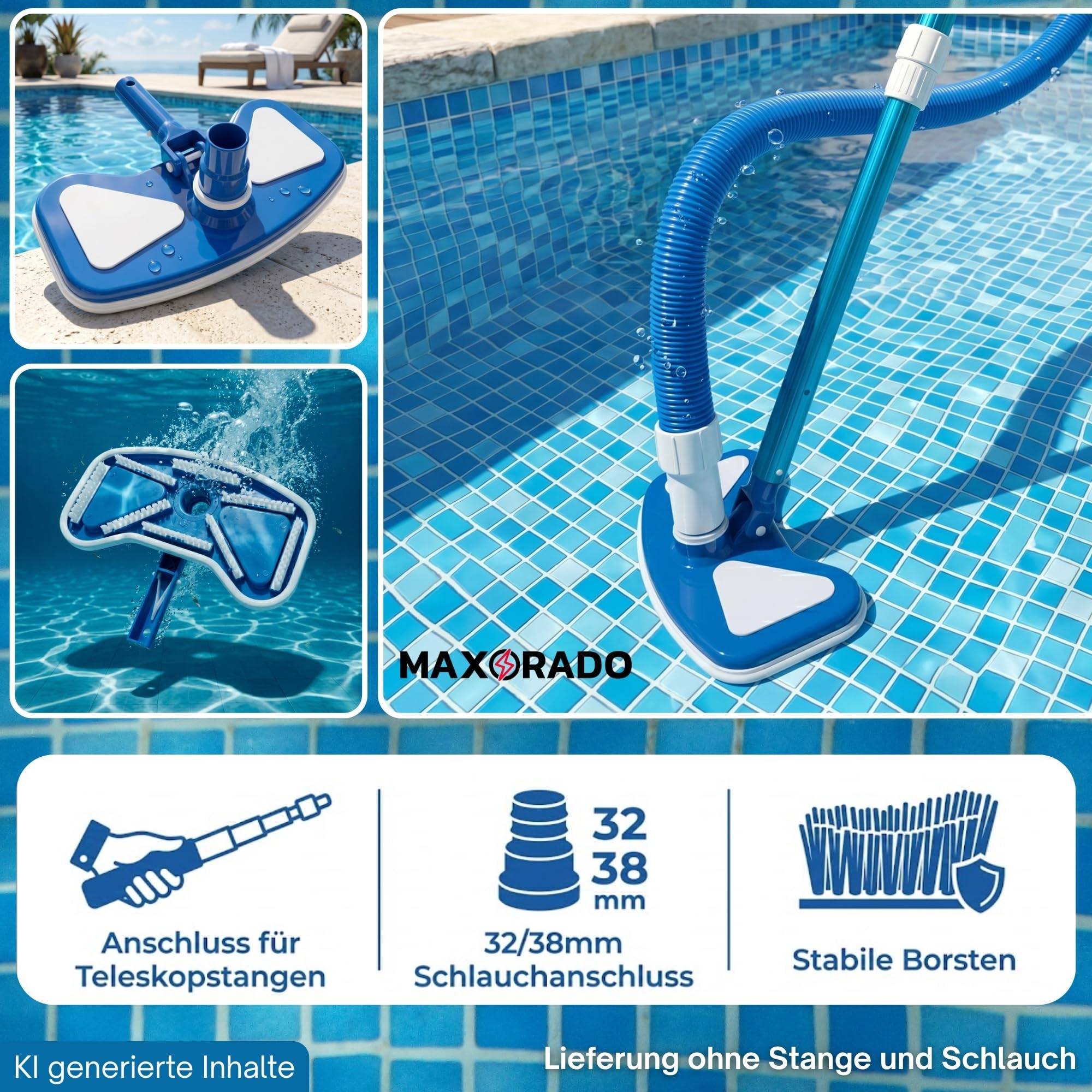 Deluxe Pool Bodendüse Blau Handreiniger oder für Teleskopstange Bodensauger mit Schlauchanschluss Ø 32/38 mm und Nylon Bürste Poolbürste Poolsaug