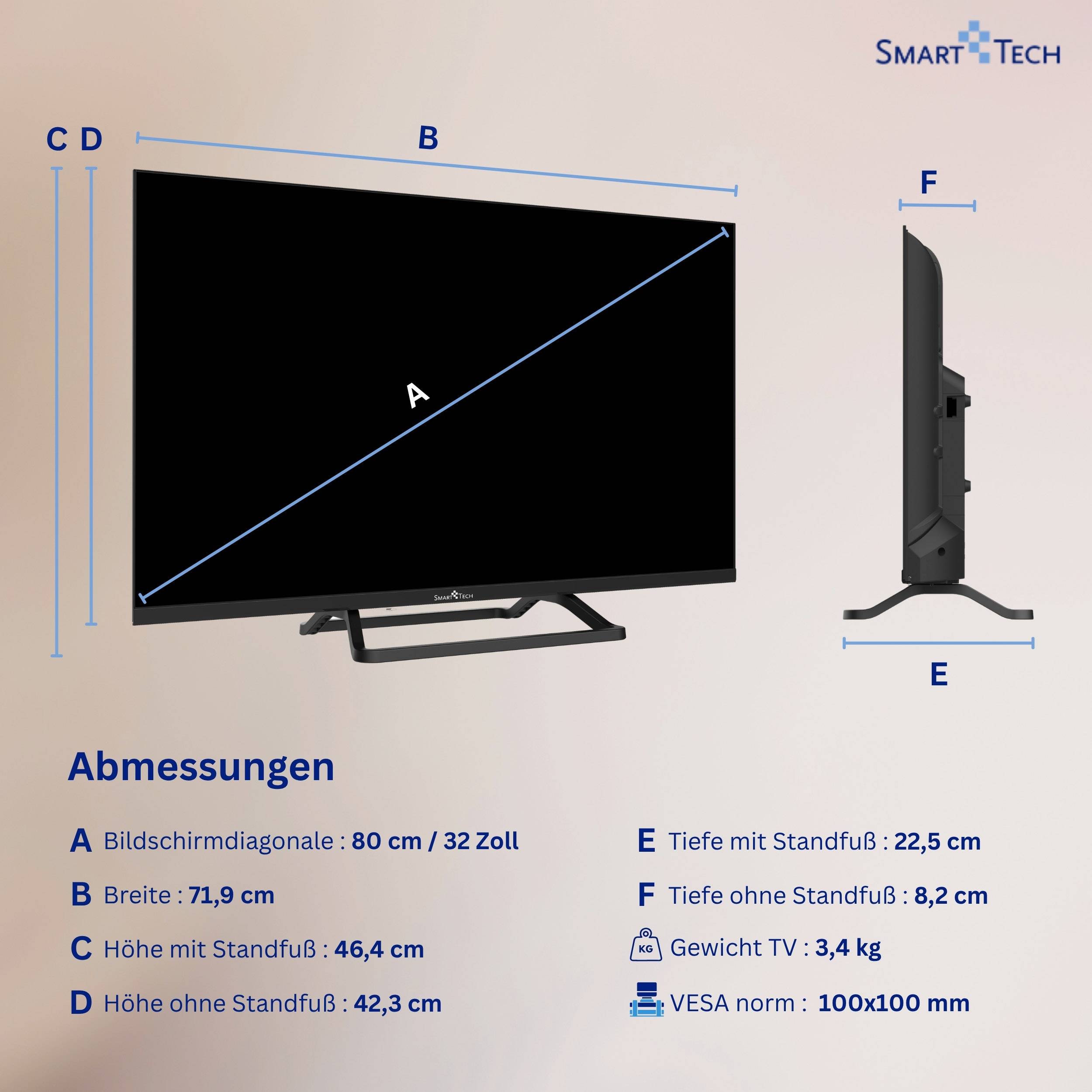 Smart Tech 32HN01V3 32 Zoll Fernseher LED TV mit HD Auflösung, Dolby Audio und Triple-Tuner (2026)