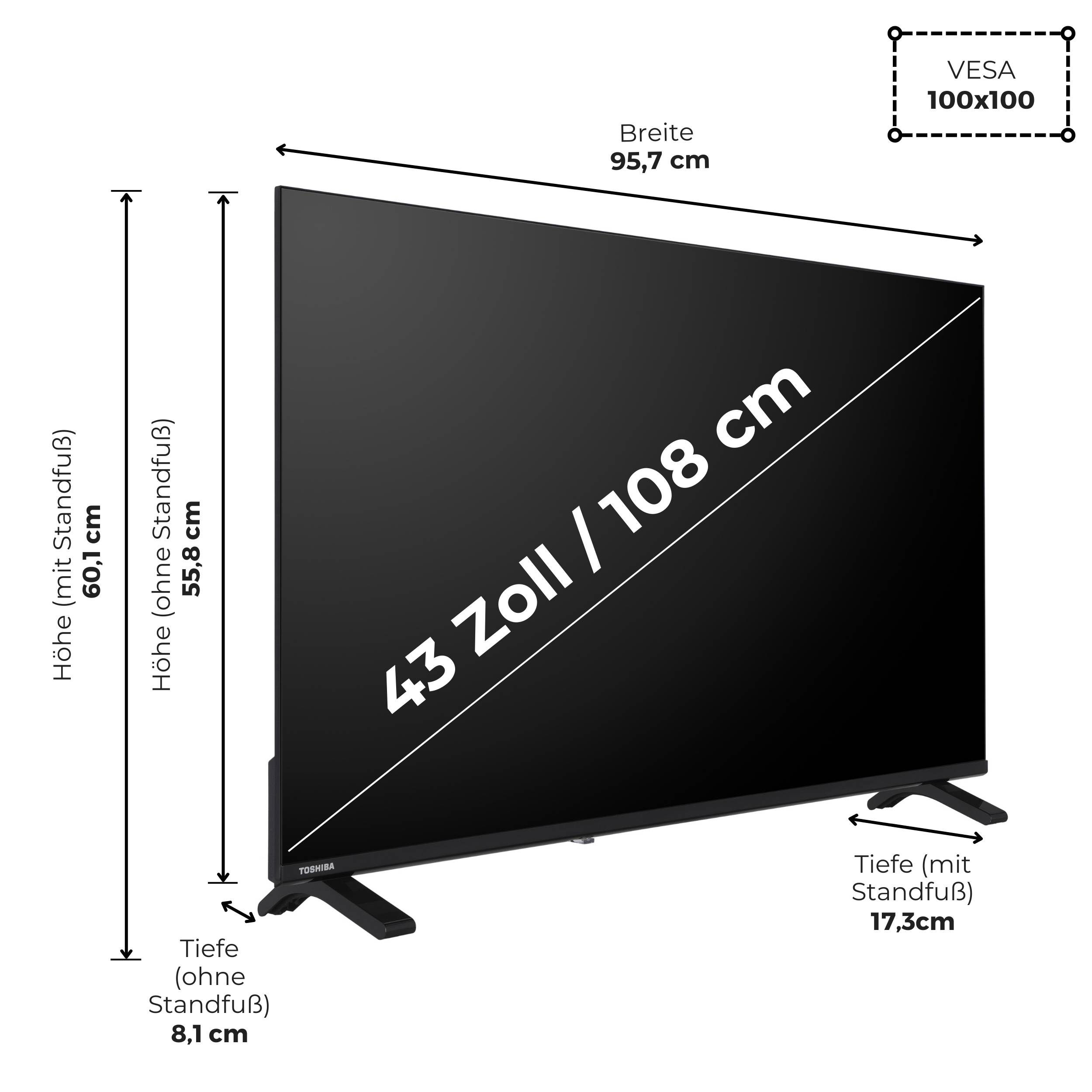 Toshiba 43QV1563DDW 43 Zoll QLED Smart TV VIDAA 4K Fernseher Dolby Vision HDR, Triple-Tuner (2026)