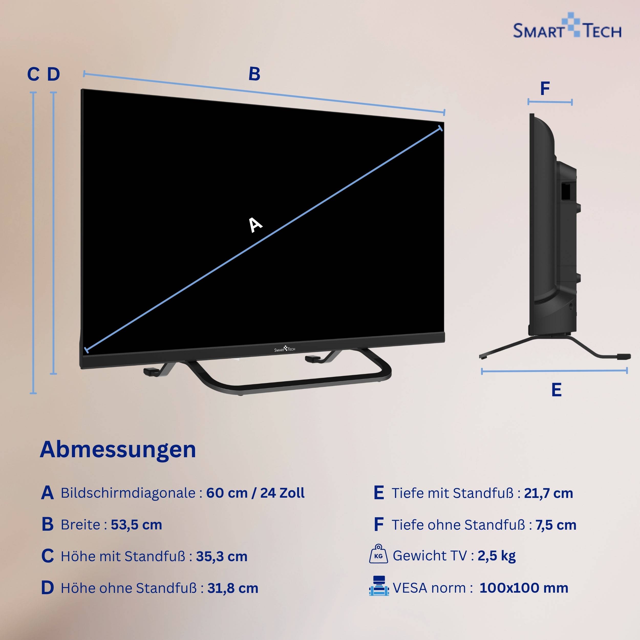 Smart Tech 24HV02V Fernseher 24 Zoll Smart TV VIDAA mit HD Auflösung, Bluetooth, Triple-Tuner (2026)