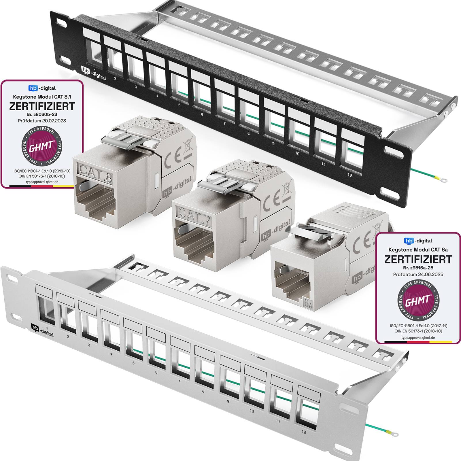 hb-digital Patchpanel 10 Zoll 12 Port mit RJ45 Keystone Modulen 1HE