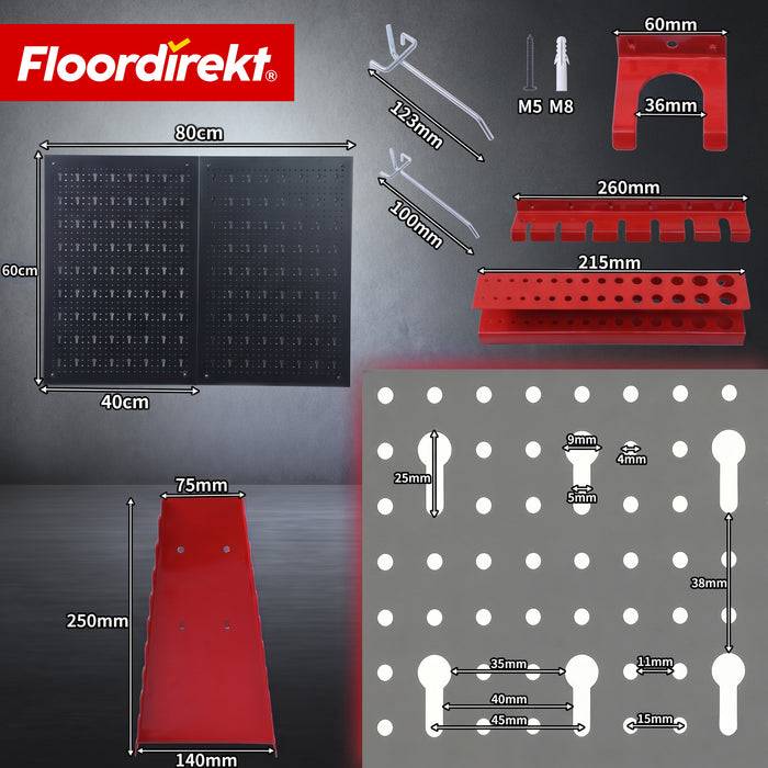FLOORDIREKT Werkzeughalter Parker - Lochwand-Set für Werkstatt & Garage - Platzsparend & Effizient - Schwarz/Rot - 2 Platten