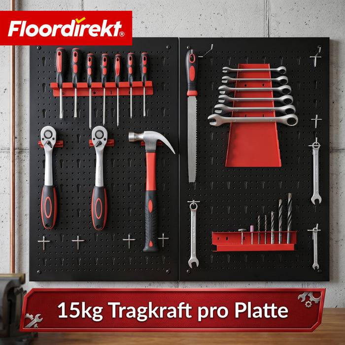 FLOORDIREKT Werkzeughalter Parker - Lochwand-Set für Werkstatt & Garage - Platzsparend & Effizient - Schwarz/Rot - 2 Platten
