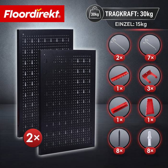 FLOORDIREKT Werkzeughalter Parker - Lochwand-Set für Werkstatt & Garage - Platzsparend & Effizient - Schwarz/Rot - 2 Platten
