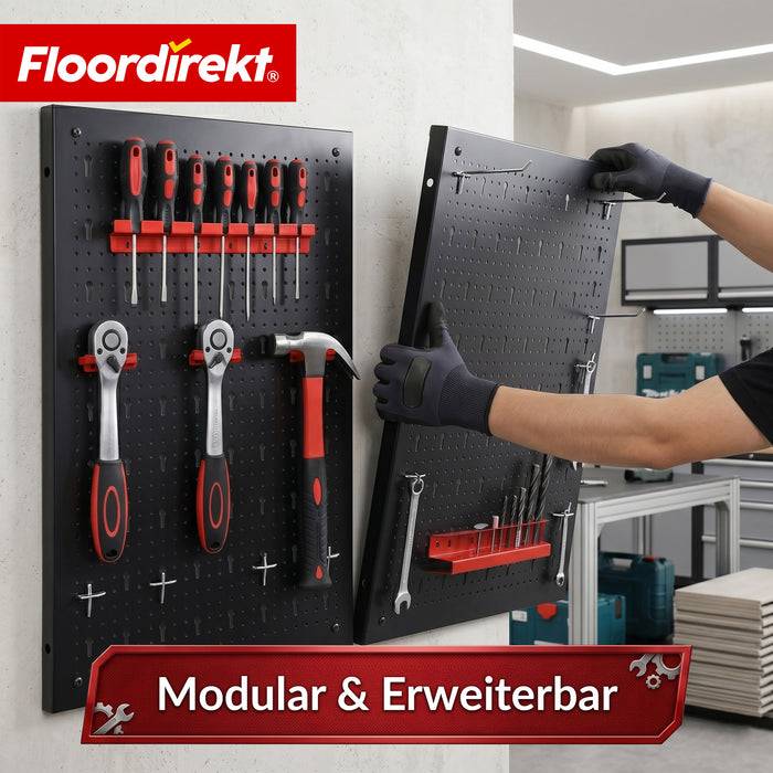 FLOORDIREKT Werkzeughalter Parker - Lochwand-Set für Werkstatt & Garage - Platzsparend & Effizient - Schwarz/Rot - 2 Platten