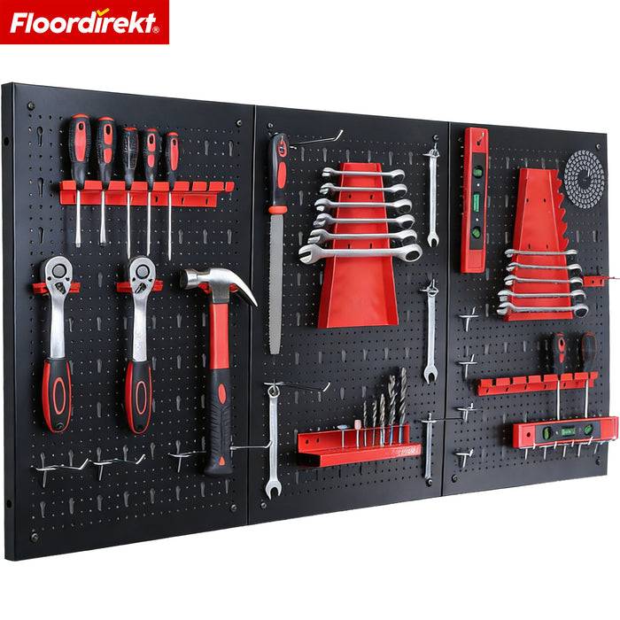 FLOORDIREKT Werkzeughalter Parker - Lochwand-Set für Werkstatt & Garage - Platzsparend & Effizient - Schwarz/Rot - 3 Platten