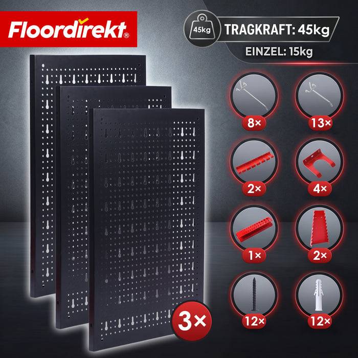 FLOORDIREKT Werkzeughalter Parker - Lochwand-Set für Werkstatt & Garage - Platzsparend & Effizient - Schwarz/Rot - 3 Platten