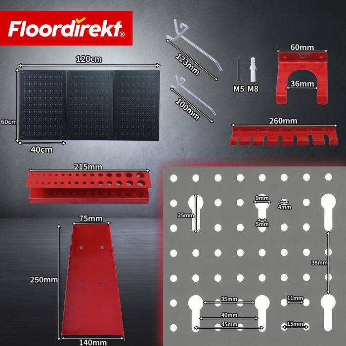 FLOORDIREKT Werkzeughalter Parker - Lochwand-Set für Werkstatt & Garage - Platzsparend & Effizient - Schwarz/Rot - 3 Platten