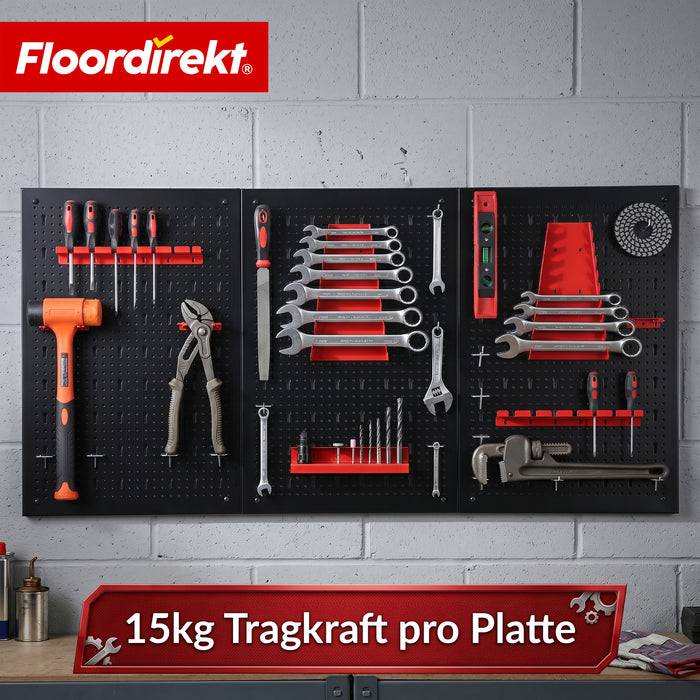 FLOORDIREKT Werkzeughalter Parker - Lochwand-Set für Werkstatt & Garage - Platzsparend & Effizient - Schwarz/Rot - 3 Platten