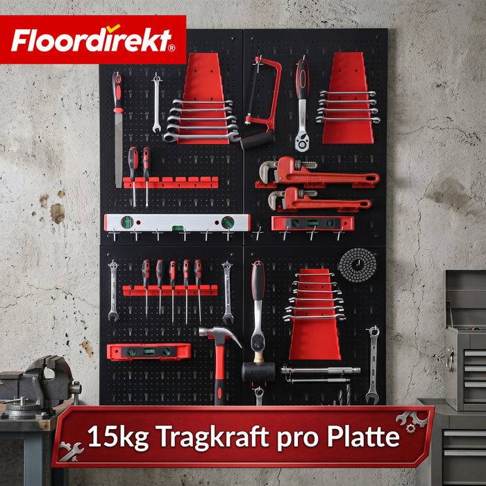 FLOORDIREKT Werkzeughalter Parker - Lochwand-Set für Werkstatt & Garage - Platzsparend & Effizient - Schwarz/Rot - 4 Platten
