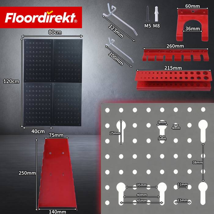 FLOORDIREKT Werkzeughalter Parker - Lochwand-Set für Werkstatt & Garage - Platzsparend & Effizient - Schwarz/Rot - 4 Platten