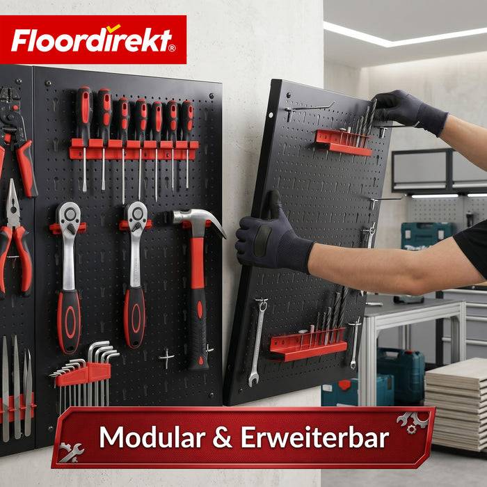 FLOORDIREKT Werkzeughalter Parker - Lochwand-Set für Werkstatt & Garage - Platzsparend & Effizient - Schwarz/Rot - 4 Platten