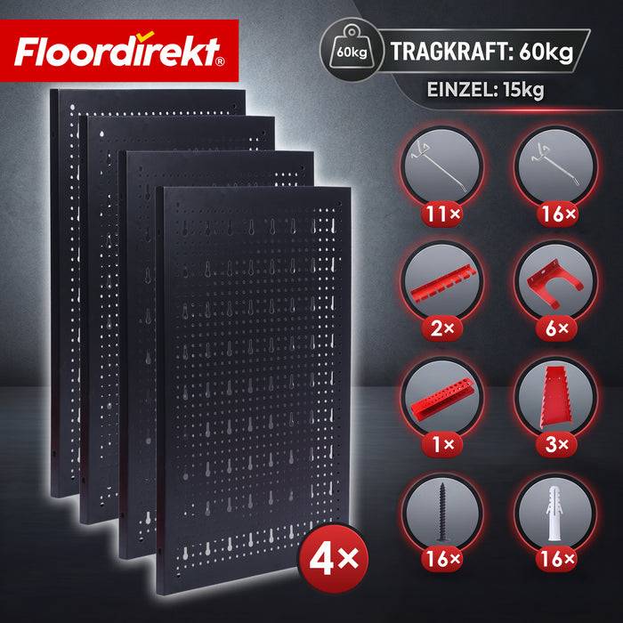FLOORDIREKT Werkzeughalter Parker - Lochwand-Set für Werkstatt & Garage - Platzsparend & Effizient - Schwarz/Rot - 4 Platten