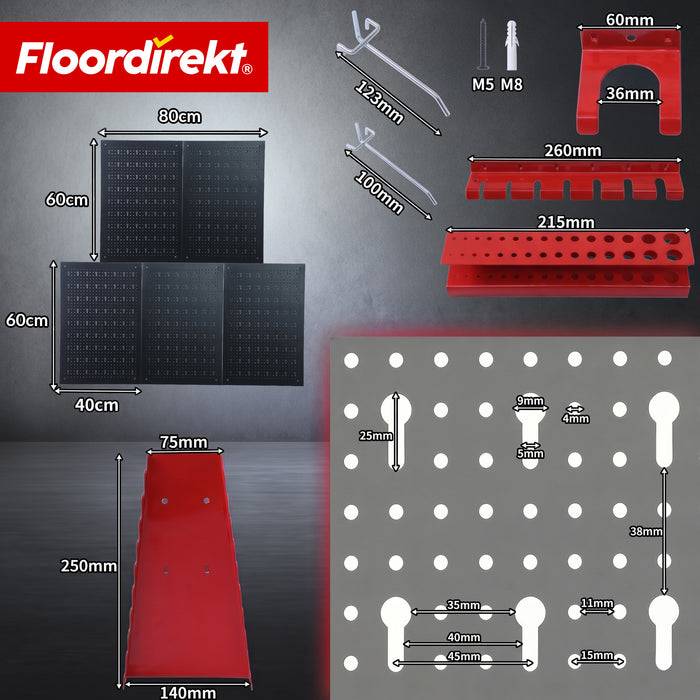 FLOORDIREKT Werkzeughalter Parker - Lochwand-Set für Werkstatt & Garage - Platzsparend & Effizient - Schwarz/Rot - 5 Platten