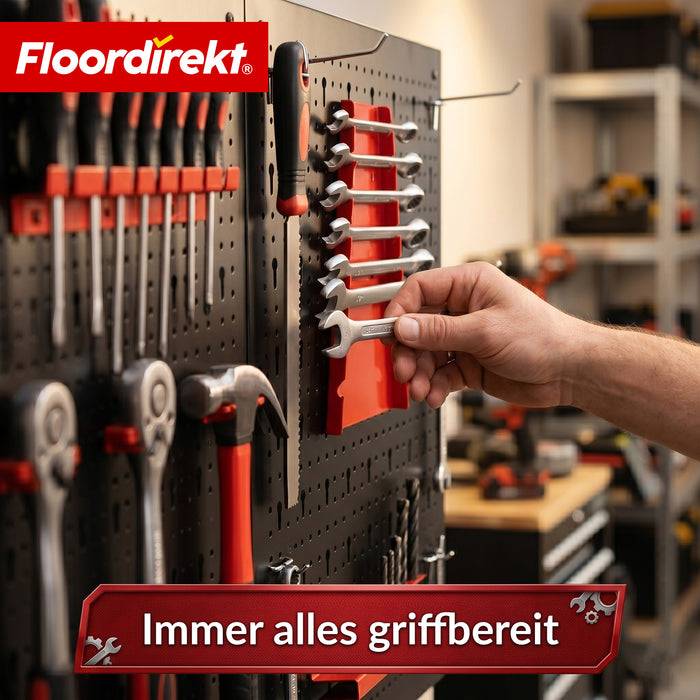 FLOORDIREKT Werkzeughalter Parker - Lochwand-Set für Werkstatt & Garage - Platzsparend & Effizient - Schwarz/Rot - 5 Platten