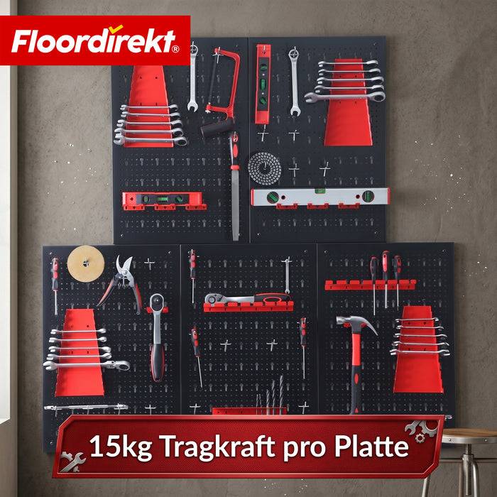 FLOORDIREKT Werkzeughalter Parker - Lochwand-Set für Werkstatt & Garage - Platzsparend & Effizient - Schwarz/Rot - 5 Platten