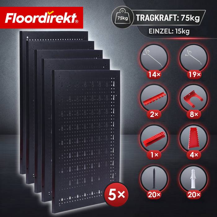 FLOORDIREKT Werkzeughalter Parker - Lochwand-Set für Werkstatt & Garage - Platzsparend & Effizient - Schwarz/Rot - 5 Platten
