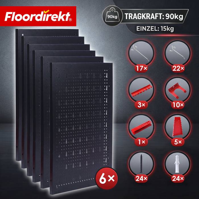FLOORDIREKT Werkzeughalter Parker - Lochwand-Set für Werkstatt & Garage - Platzsparend & Effizient - Schwarz/Rot - 6 Platten
