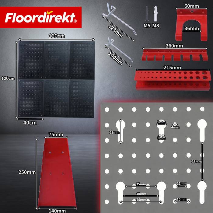 FLOORDIREKT Werkzeughalter Parker - Lochwand-Set für Werkstatt & Garage - Platzsparend & Effizient - Schwarz/Rot - 6 Platten