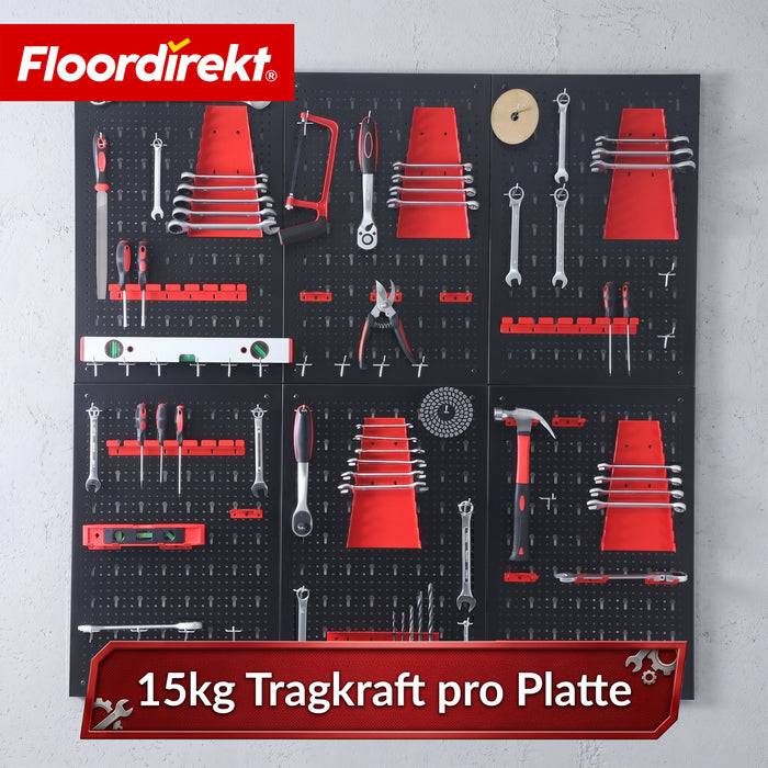 FLOORDIREKT Werkzeughalter Parker - Lochwand-Set für Werkstatt & Garage - Platzsparend & Effizient - Schwarz/Rot - 6 Platten