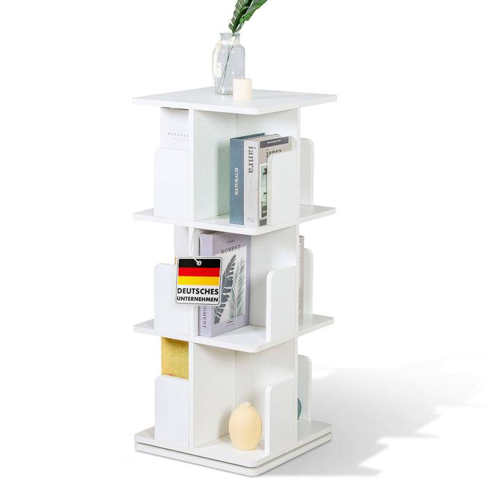 FLOORDIREKT Bücherregal Indiana - Standregal für Wohnzimmer, Büro & Schlafzimmer - 360° drehbar mit 3 Etagen - Weiß - 40 x 40 x 95 cm