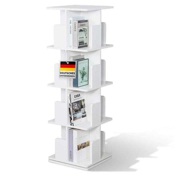 FLOORDIREKT Bücherregal Indiana - Standregal für Wohnzimmer, Büro & Schlafzimmer - 360° drehbar mit 4 Etagen - Weiß - 40 x 40 x 129 cm