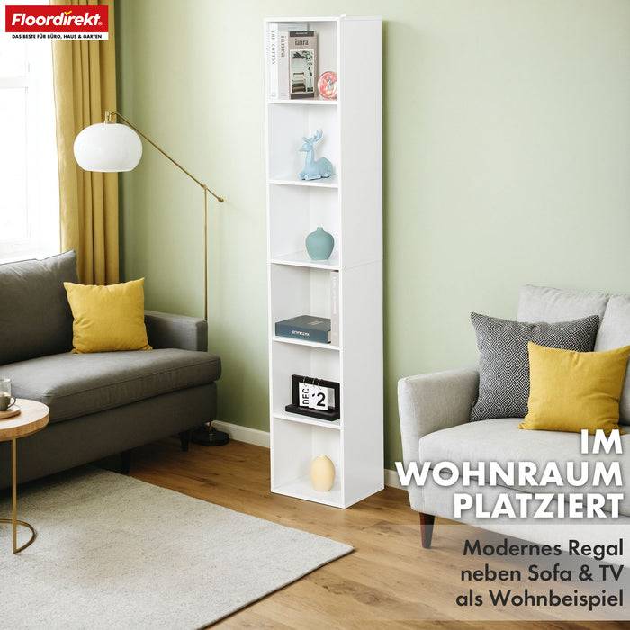 FLOORDIREKT Bücherregal Delaware - Standregal mit 6 offenen Ablagen - Platzsparend & Modern - Weiß - 30 x 24 x 158,5 cm