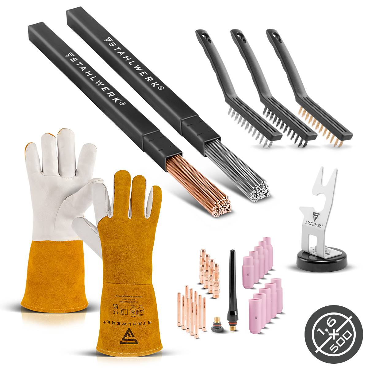 STAHLWERK WIG Set WP-26-Zubehör Halter Handschuhe Bürsten 2 x Schweißstäbe 1,6mm