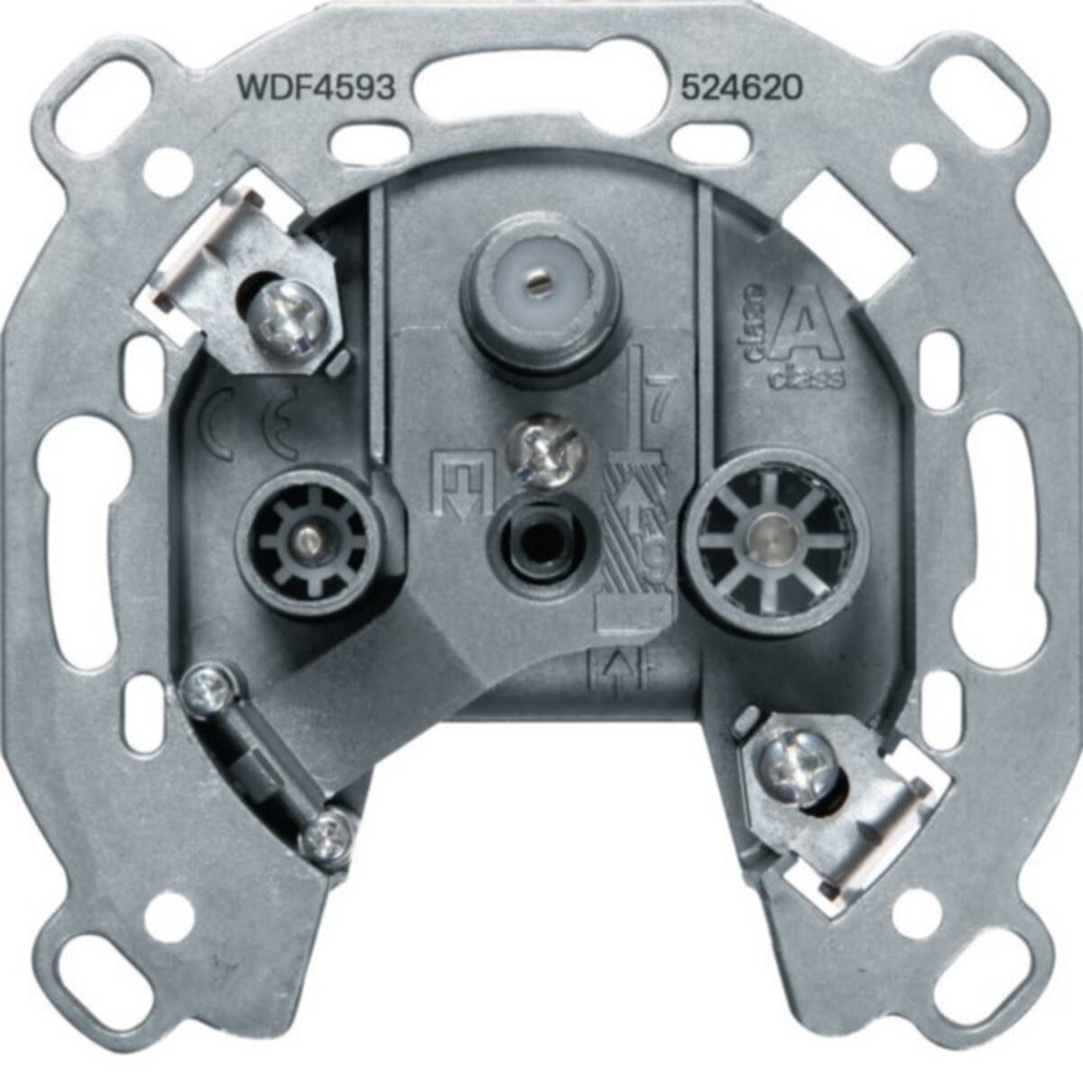 Nahaufnahme eines Metall-Elektrosteckdosen-Mechanismus mit Montageblech, Schraubklemmen und Steckerklemmen.