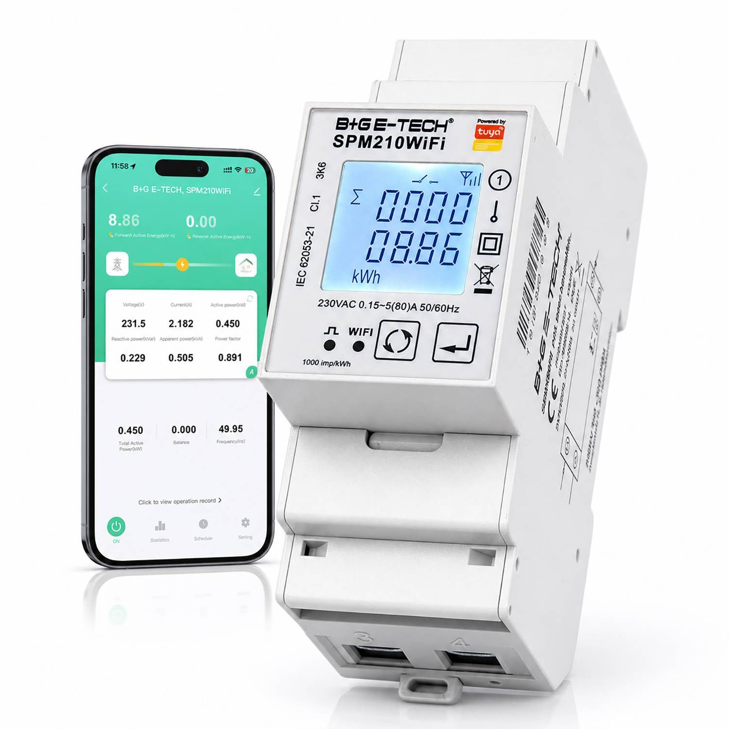 B+G E-Tech SPM210WiFi - Wechselstromzähler für DIN Hutschiene 80A digital WiFi Tuya Android iOS Remote