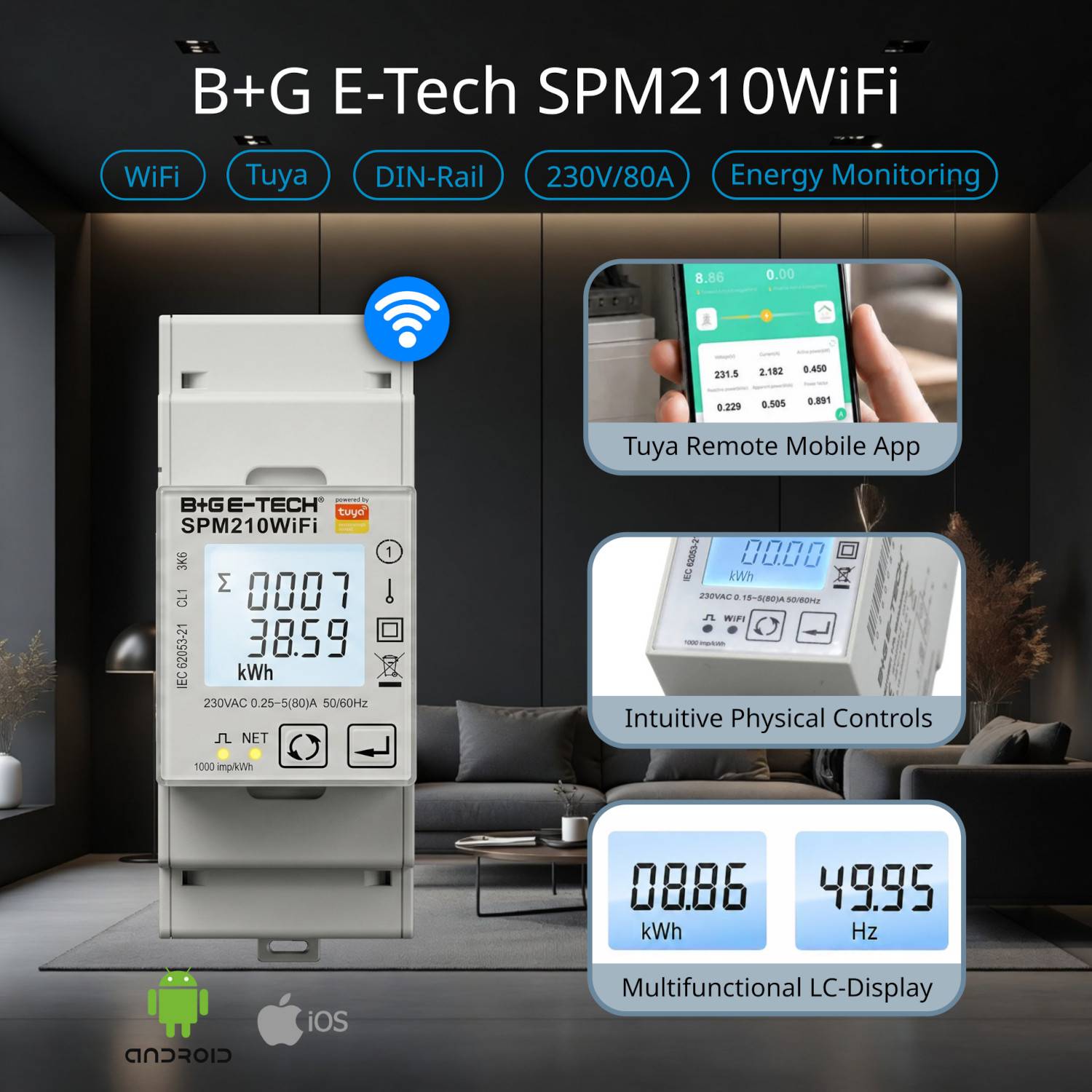 B+G E-Tech SPM210WiFi - Wechselstromzähler für DIN Hutschiene 80A digital WiFi Tuya Android iOS Remote