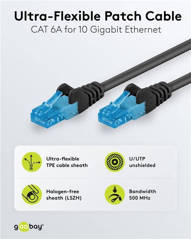 Goobay Ultraflexibles CAT 6A Patchkabel, RJ45, U/UTP Schirmung, LSZH-TPE, 10 Gbit/s, 500 MHz - Länge: 3,0 m - Farbe: schwarz