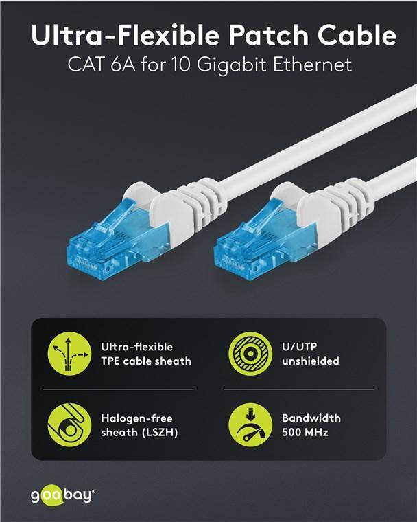 Goobay Ultraflexibles CAT 6A Patchkabel, RJ45, U/UTP Schirmung, LSZH-TPE, 10 Gbit/s, 500 MHz - Länge: 2,0 m - Farbe: weiß