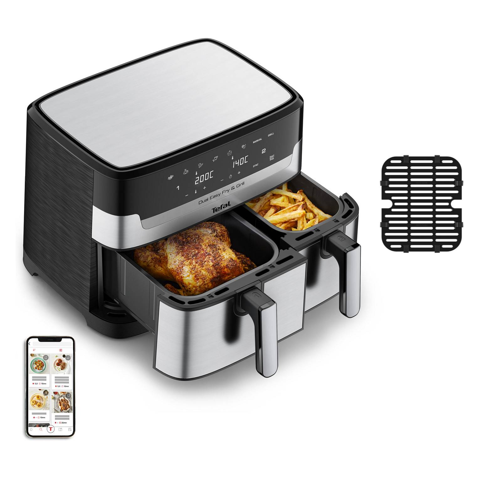 TEFAL Dual Easy Fry & Grill EY905D. Heißluftfritteuse. 8.3 l. Doppel. Edelstahl. Berührung. Home &