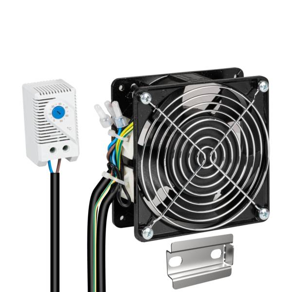 Einbaulüfter-Set für Wandgehäuse, komplett, inkl. -- Thermostat u. Anschlusskabeln Netzwerk- und