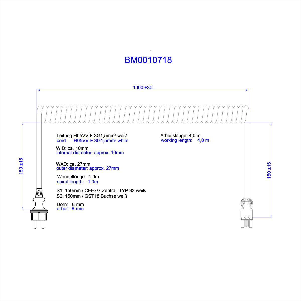 BACHMANN Spiralleitung H05VV-F 3G1,5mm² L:1,0m ws ISV/CEE7/7 Stromversorgung Stromkabel