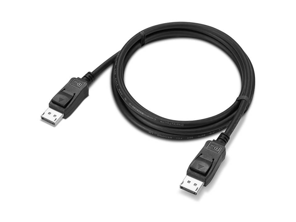 Schwarzes USB-Kabel mit DisplayPort-Anschlüssen an beiden Enden, aufgerollt auf schwarzem Hintergrund.