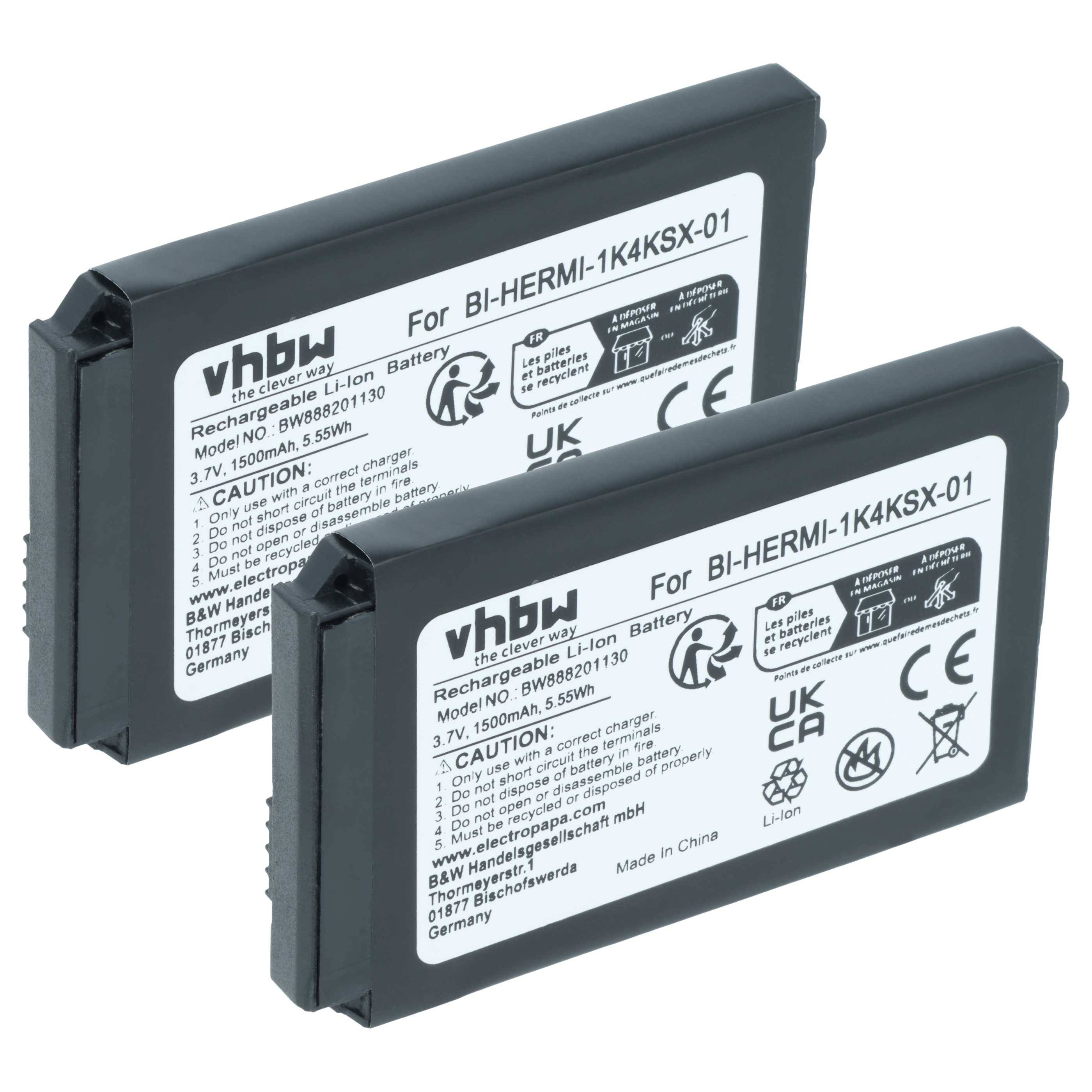 vhbw 2x Akku kompatibel mit Cisco CP-7925G-A-K9, CP-7925G-EX-K9, CP-BATT-7925G-STD schnurlos Festnetz Telefon (1500 mAh, 3,7 V, Li-Ion)