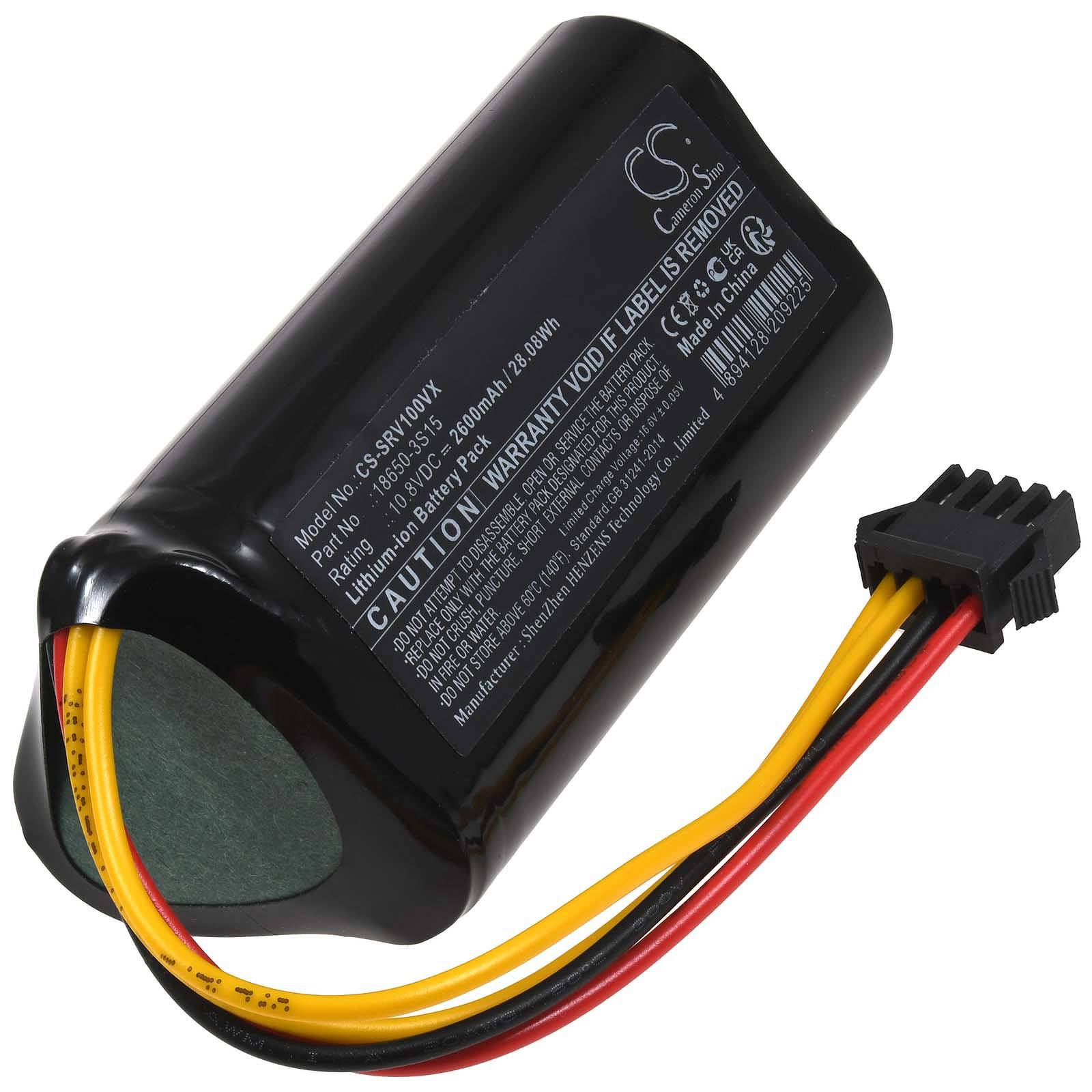 Schwarzes wiederaufladbares Batteriepack mit angebrachtem gelbem, rotem und schwarzem Steckverbinder für ein elektronisches Gerät.