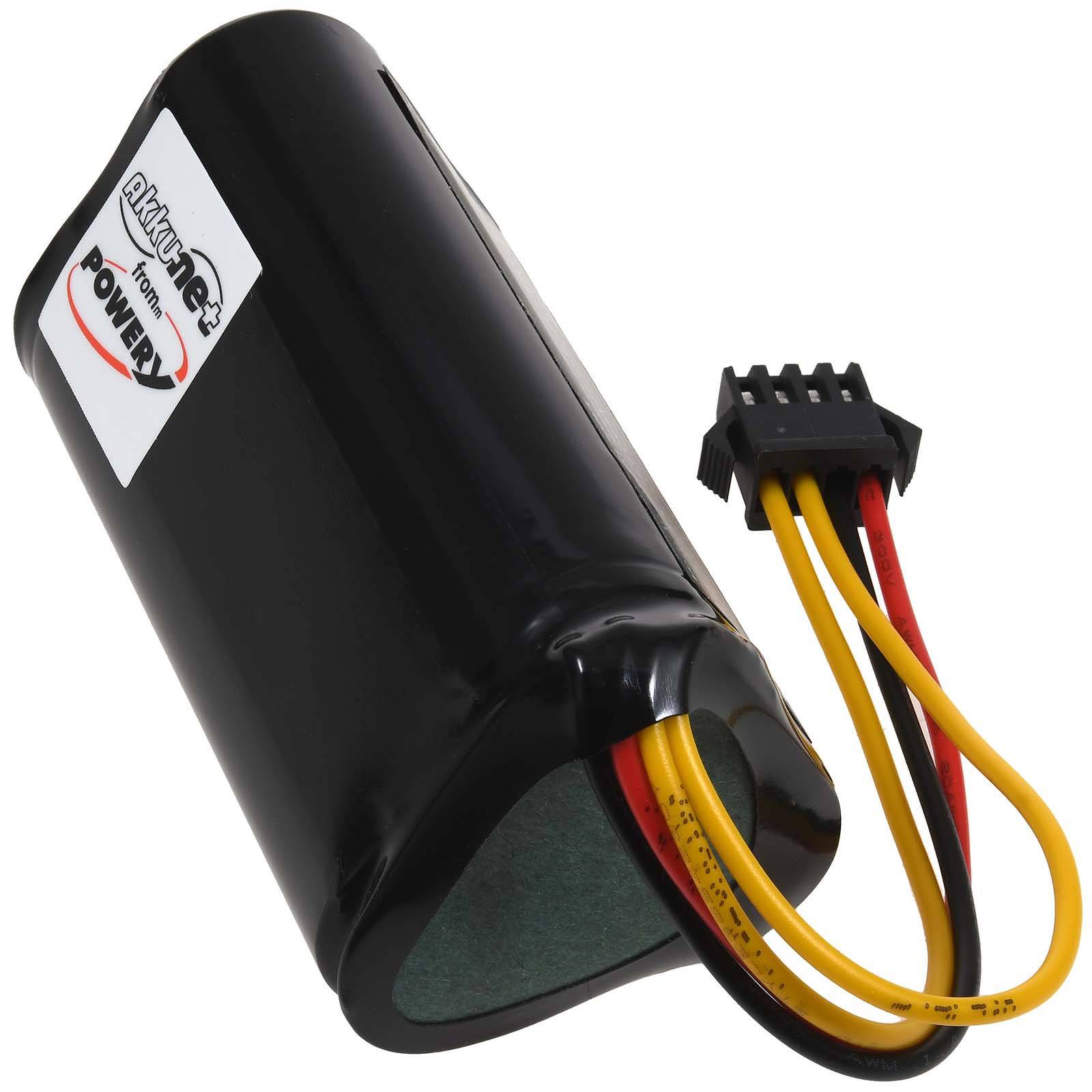 Schwarzes zylindrisches Batteriepack mit angebrachten roten, gelben und schwarzen Drähten, die in einem Stecker enden, gezeigt auf weißem Hintergrund.
