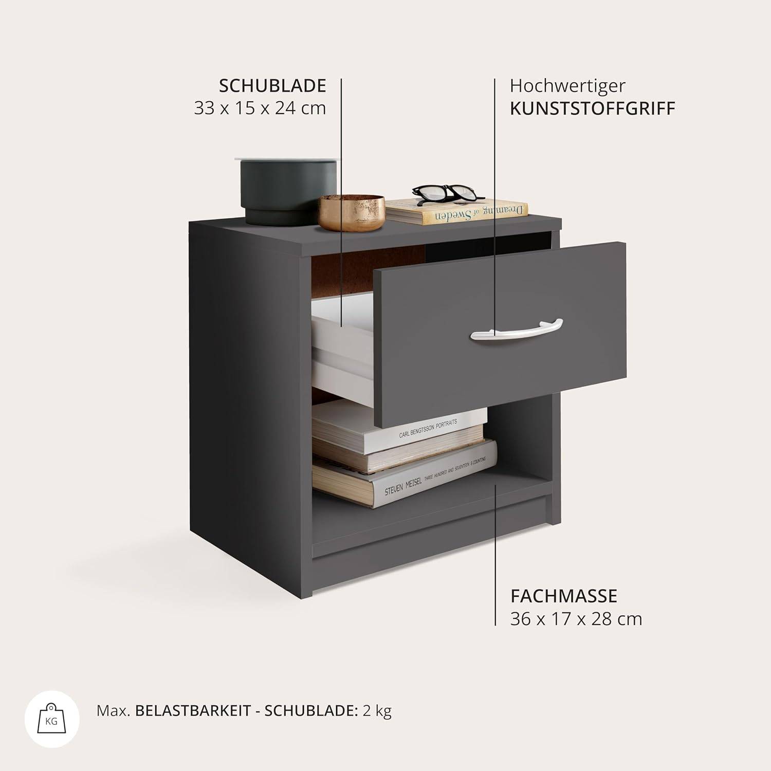 STELLA Trading PEPE Nachttisch Graphit Schlicht Schublade B=39 H=41 T=28 cm