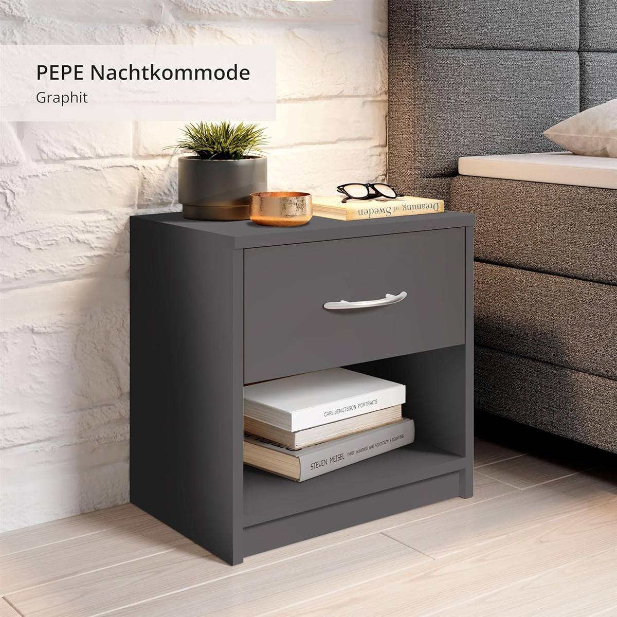 STELLA Trading PEPE Nachttisch Graphit Schlicht Schublade B=39 H=41 T=28 cm