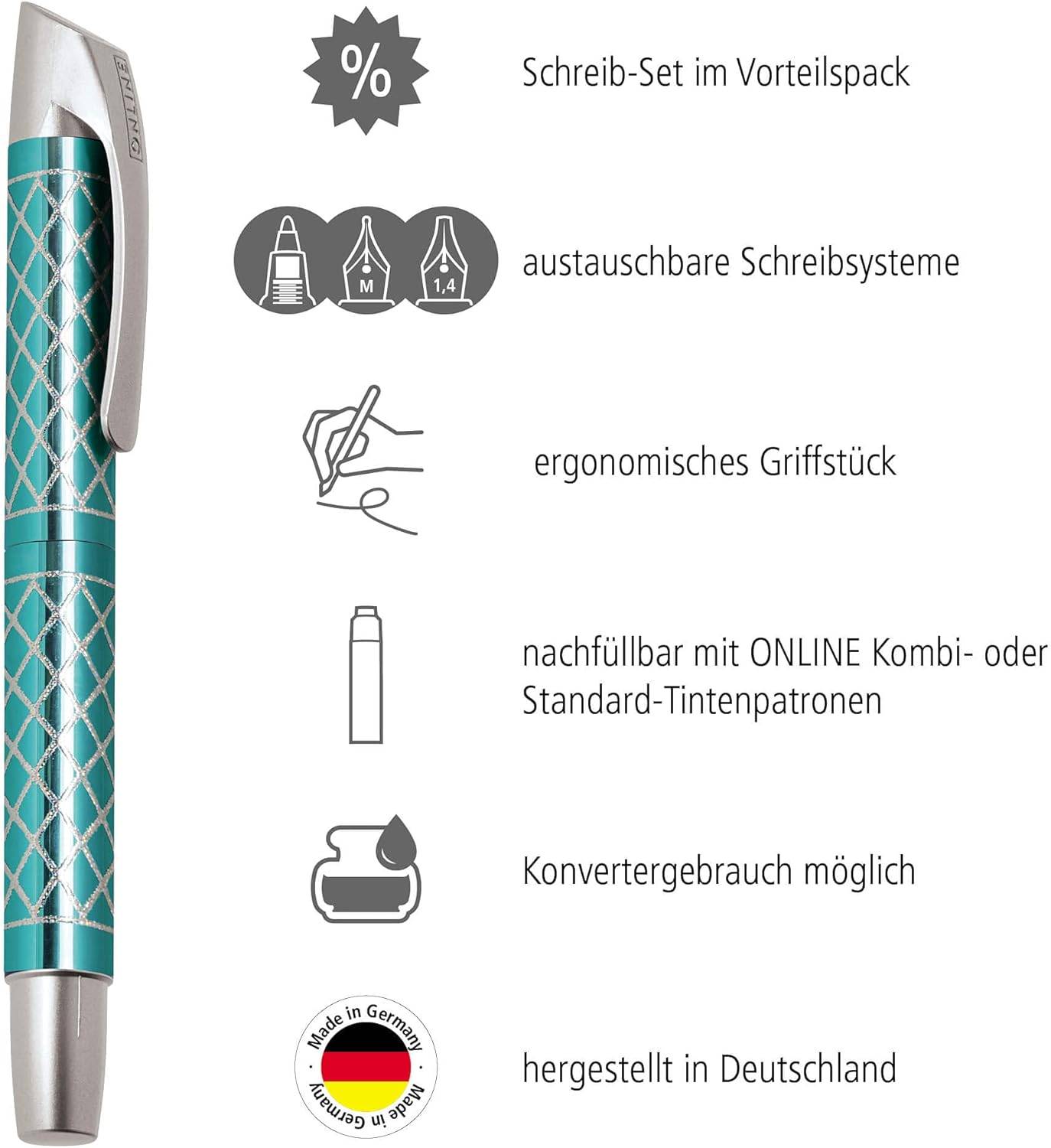 ONLINE Campus Ergonomischer Schulfüller + Patronen-Rollerball Set Türkis 3-tlg
