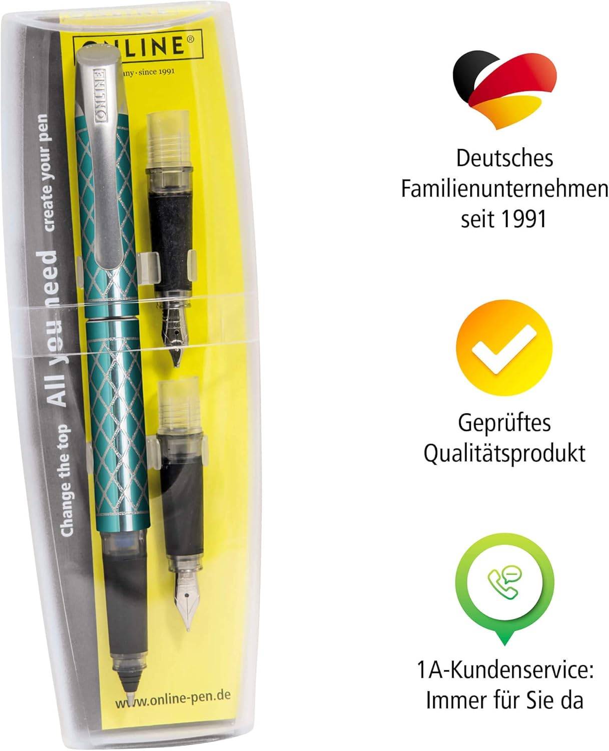 ONLINE Campus Ergonomischer Schulfüller + Patronen-Rollerball Set Türkis 3-tlg