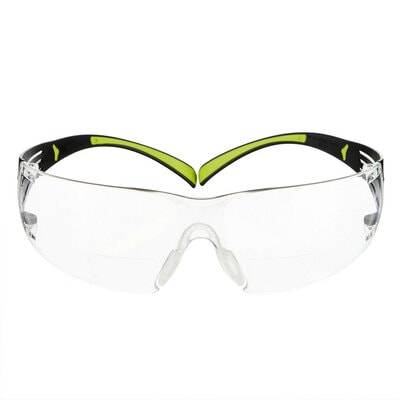 Klare Schutzbrille mit schwarzen und neongrünen Bügeln, von vorne auf weißem Hintergrund dargestellt.