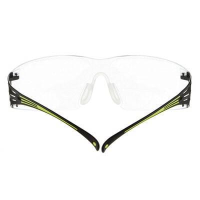 Klare Schutzbrille mit schwarzen und neongrünen Bügeln auf weißem Hintergrund.