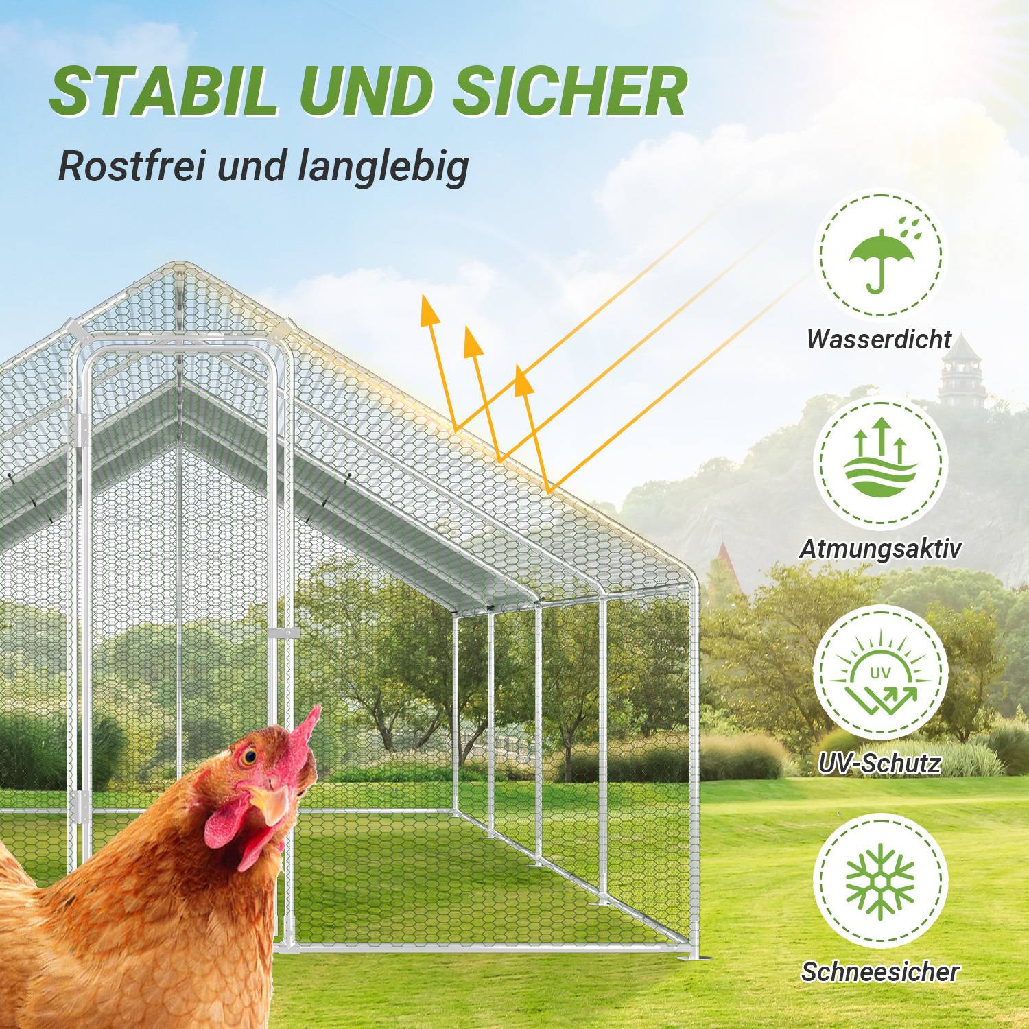 Hühnerstall Freilaufgehege mit Dach 3x8x2 m aus Stahl verzinkt für Geflügel