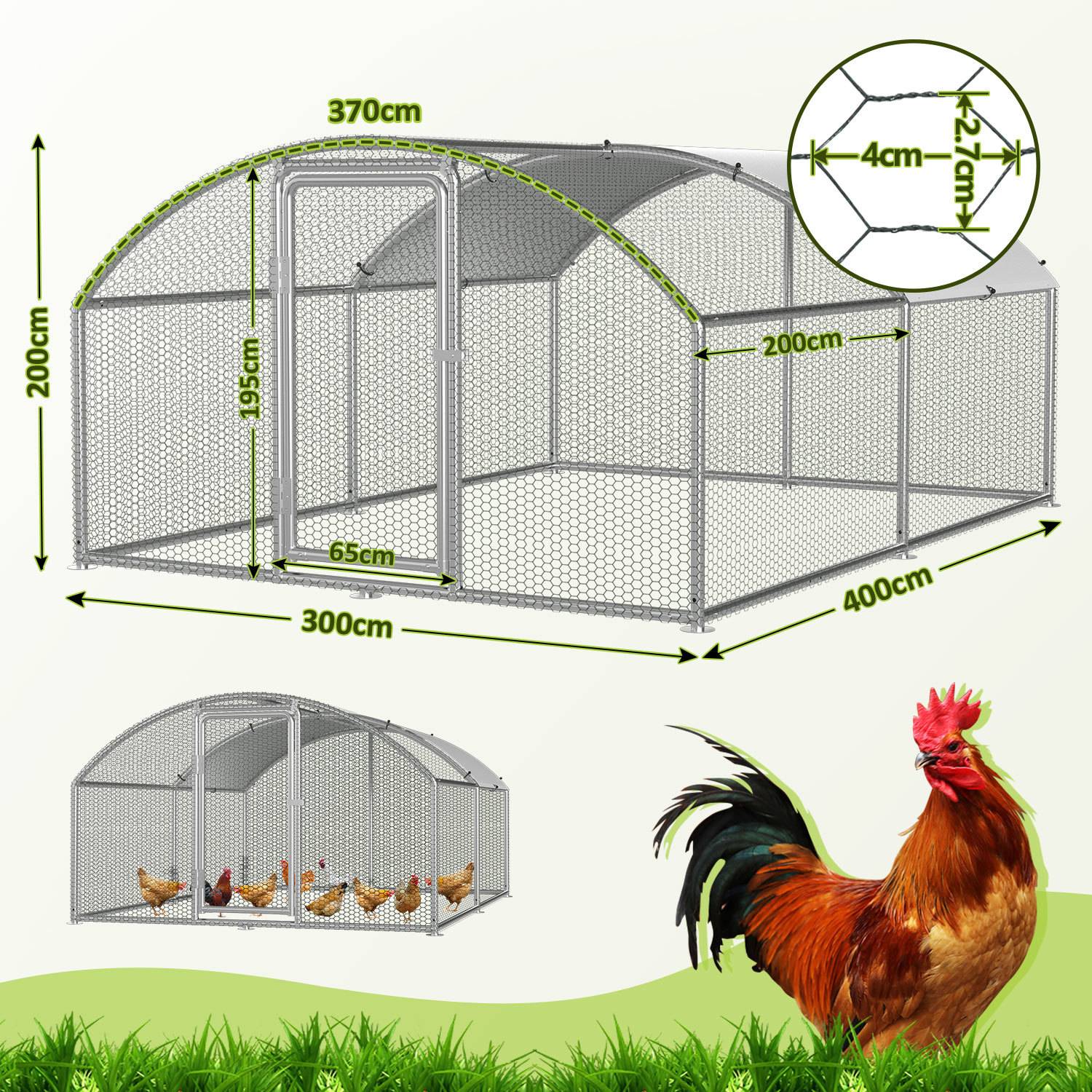 Hühnerstall mit Kuppeldach Freilaufgehege 3x4x2 m verzinkt für Hühner