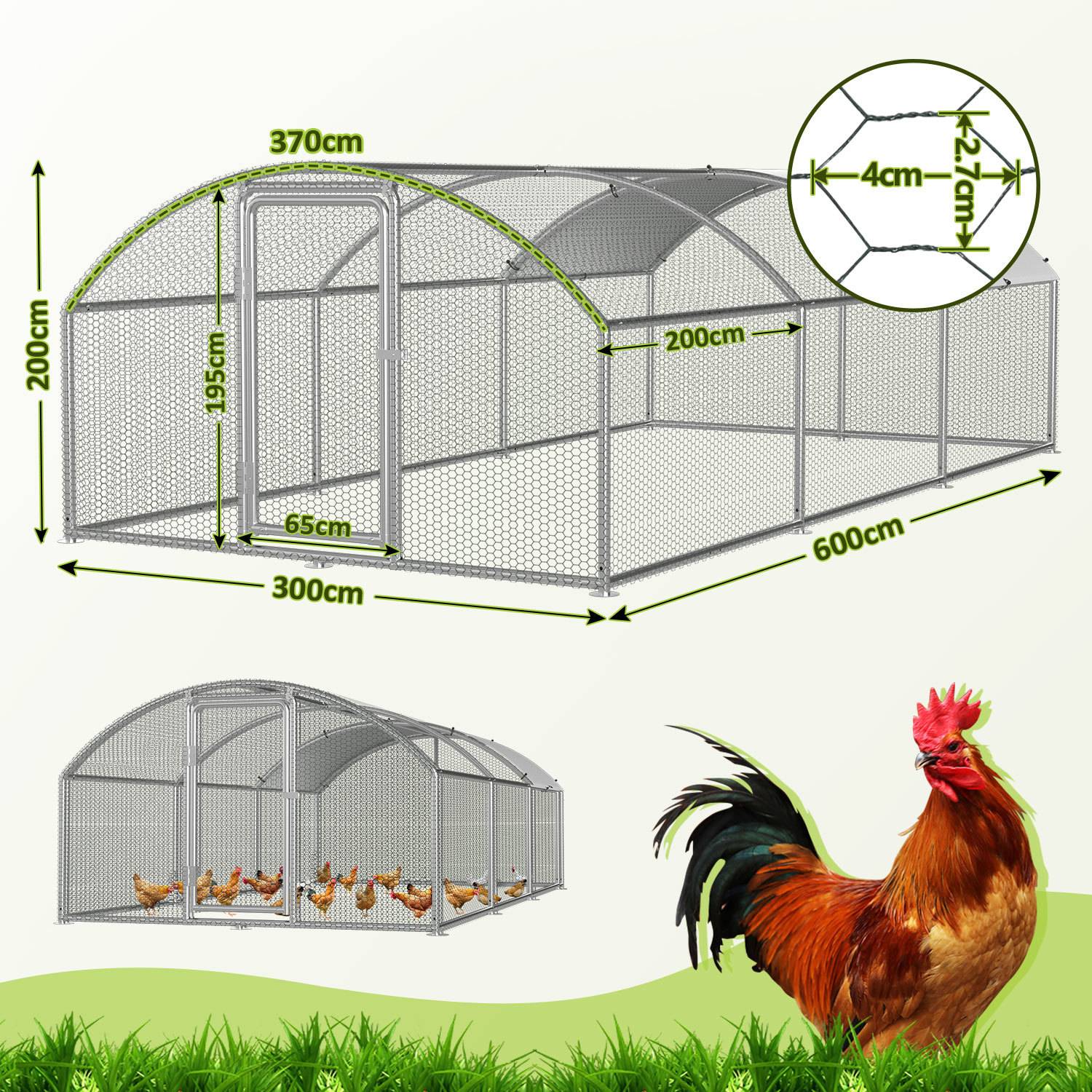 Hühnerstall mit Kuppeldach Freilaufgehege 3x6x2 m verzinkt für Hühner