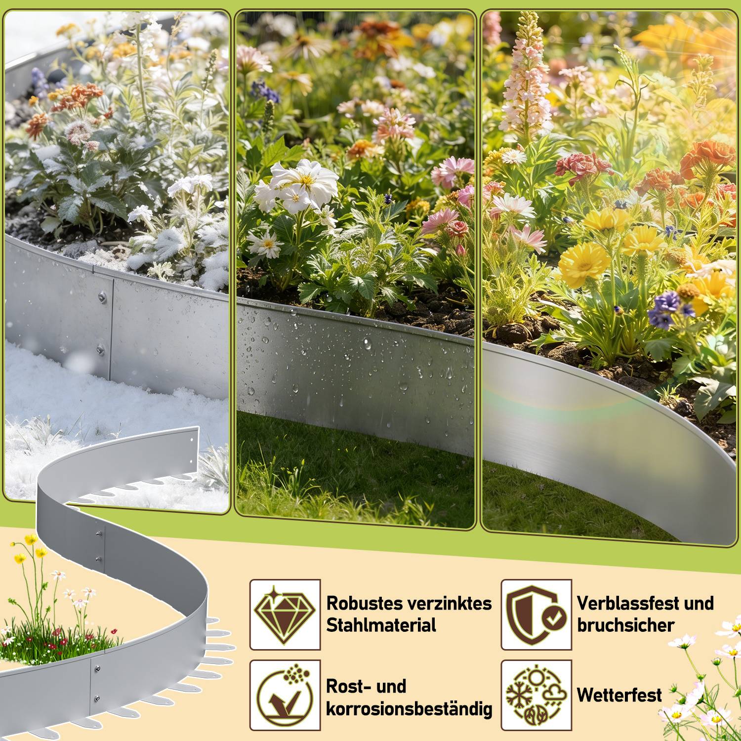 Flexible Rasenkante 100x10 cm, 5m Set (5 Stück) - Mähkante & Beetumrandung aus Stahl, inkl. Befestigungsheringe für Pflastersteine & Gartengestaltu
